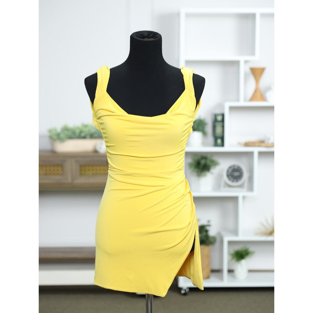 Sunshine Yellow Ruched Bodycon Mini Dress Open Back Knot Detail Y2K Going Out - Picture 5 of 16
